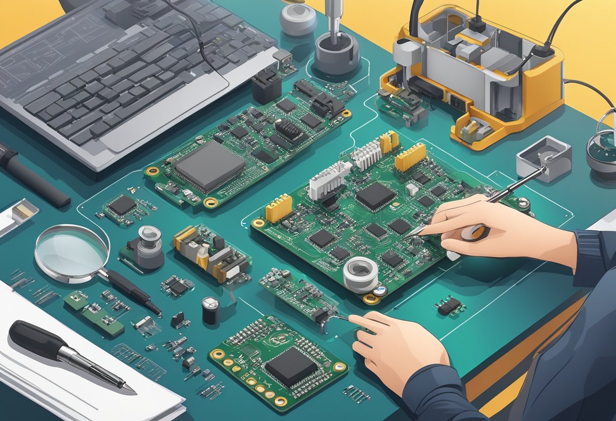 A technician assembles PCB components on a prototyping board using soldering iron and magnifying glass