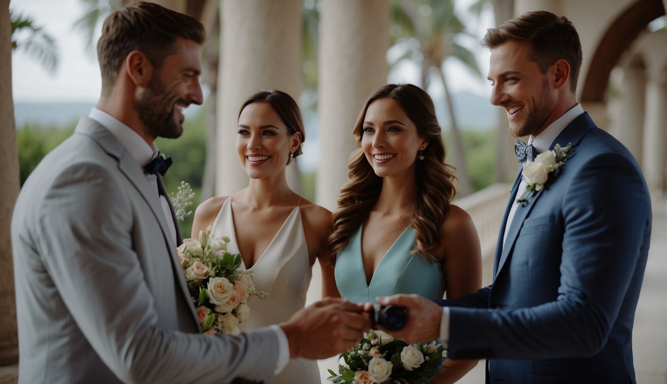 A wedding videographer shaking hands with a smiling couple, discussing their vision for their special day. The couple is looking at samples of the videographer's work on a tablet