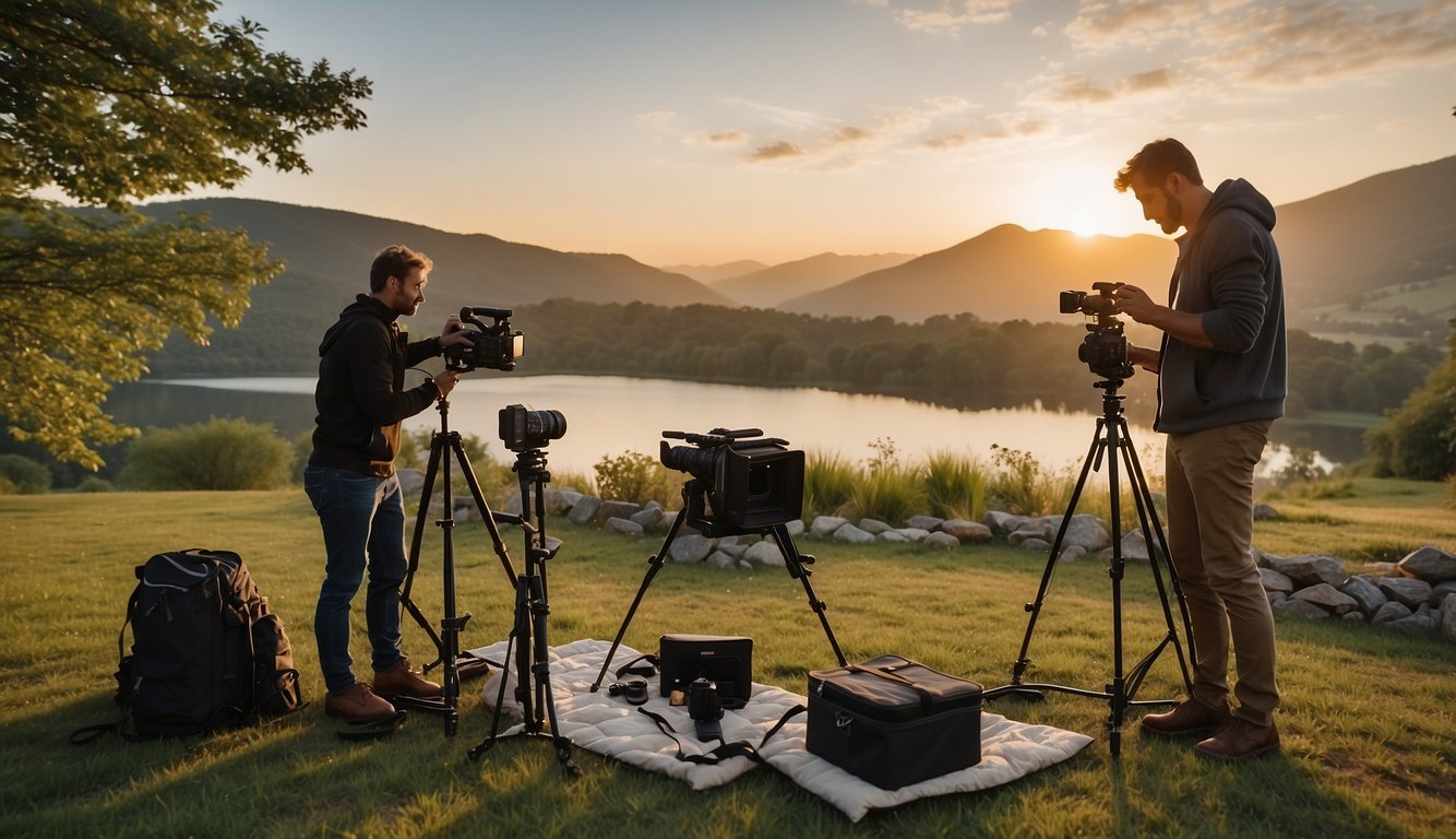 A wedding videographer sets up their equipment at a beautiful outdoor venue, with a picturesque backdrop of rolling hills and a serene lake. The sun is setting, casting a warm glow over the scene