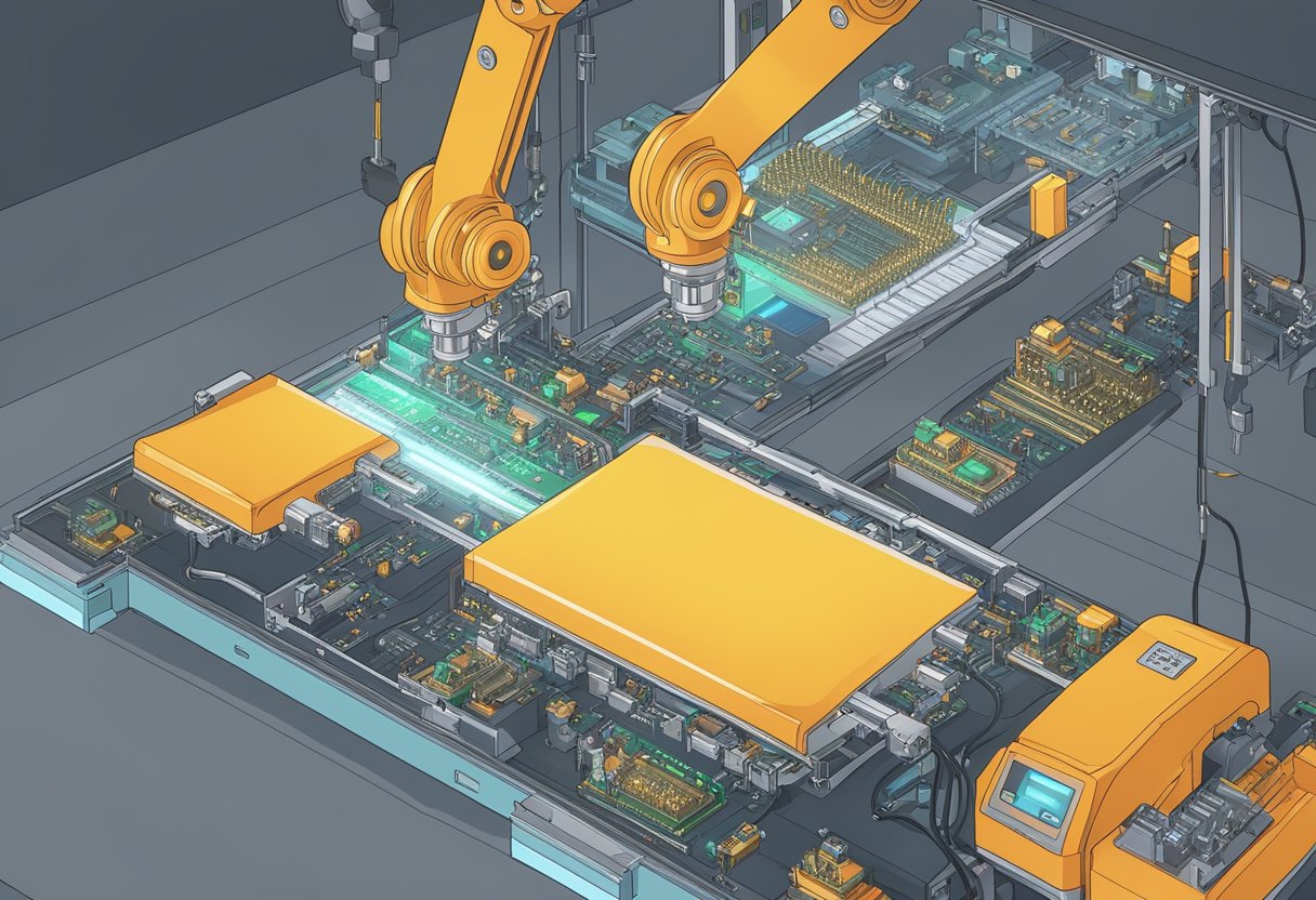 A robotic arm assembles PCBs on a conveyor belt. The machine's components are neatly arranged, with blinking lights and intricate wiring