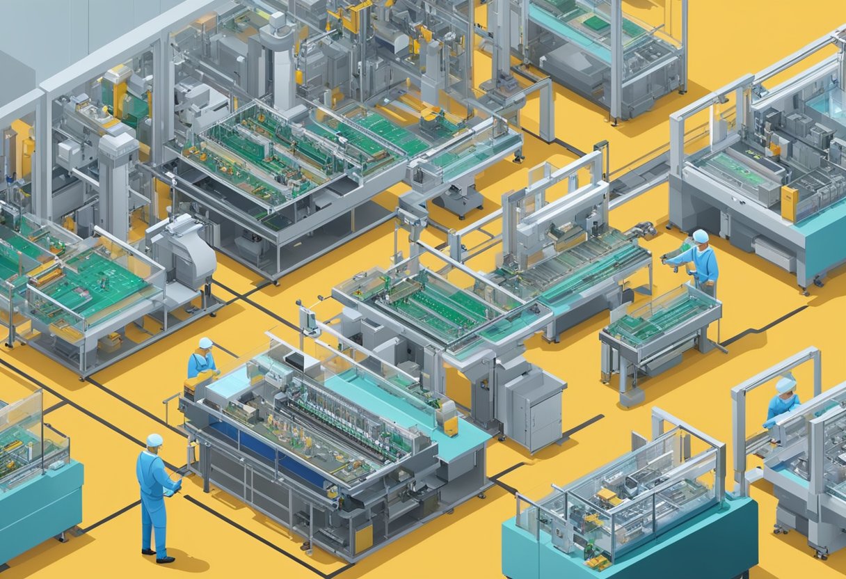 Several PCB assembly machines in a factory setting, with conveyor belts, robotic arms, and various components