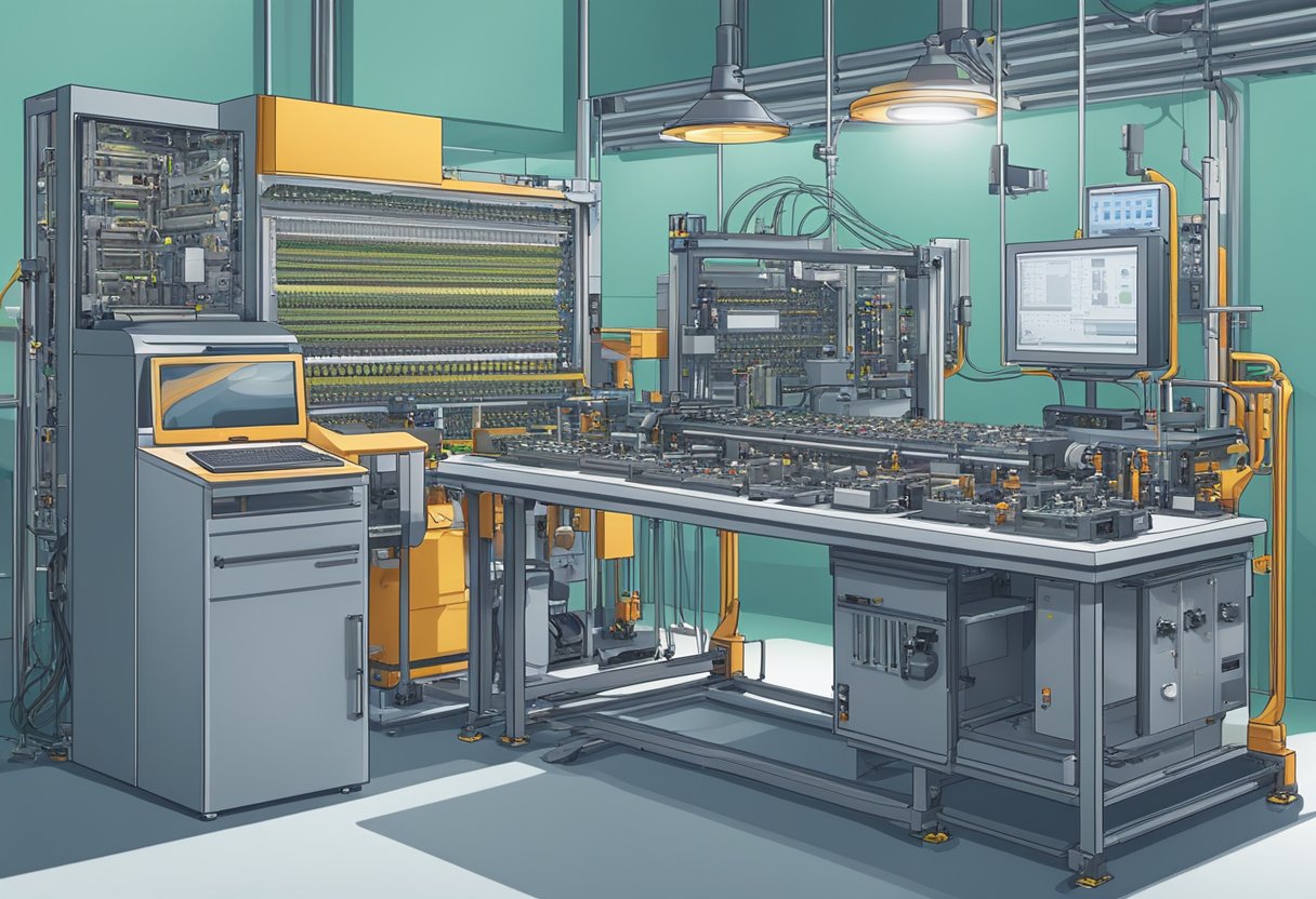 A PCB assembly machine sits in a clean, well-lit factory. Various components and tools surround it, while a technician adjusts settings on a control panel