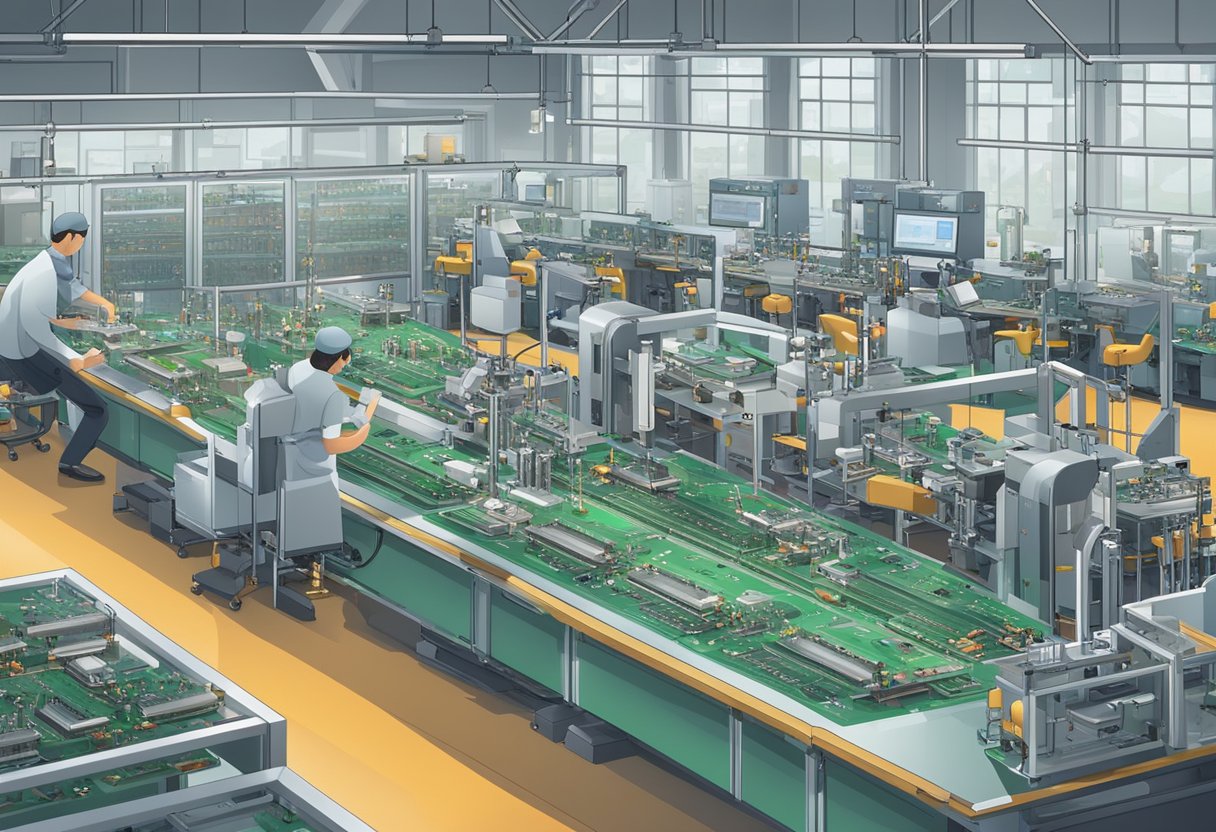 Multiple PCB assembly machines in a factory setting, with conveyor belts, robotic arms, and soldering stations. Various components such as resistors, capacitors, and microchips are being placed and soldered onto the circuit boards