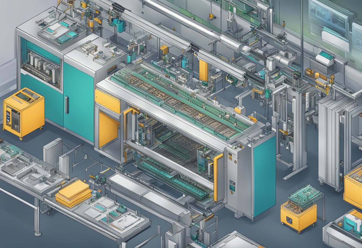 A PCB assembly machine is surrounded by various components and tools in a manufacturing facility in India