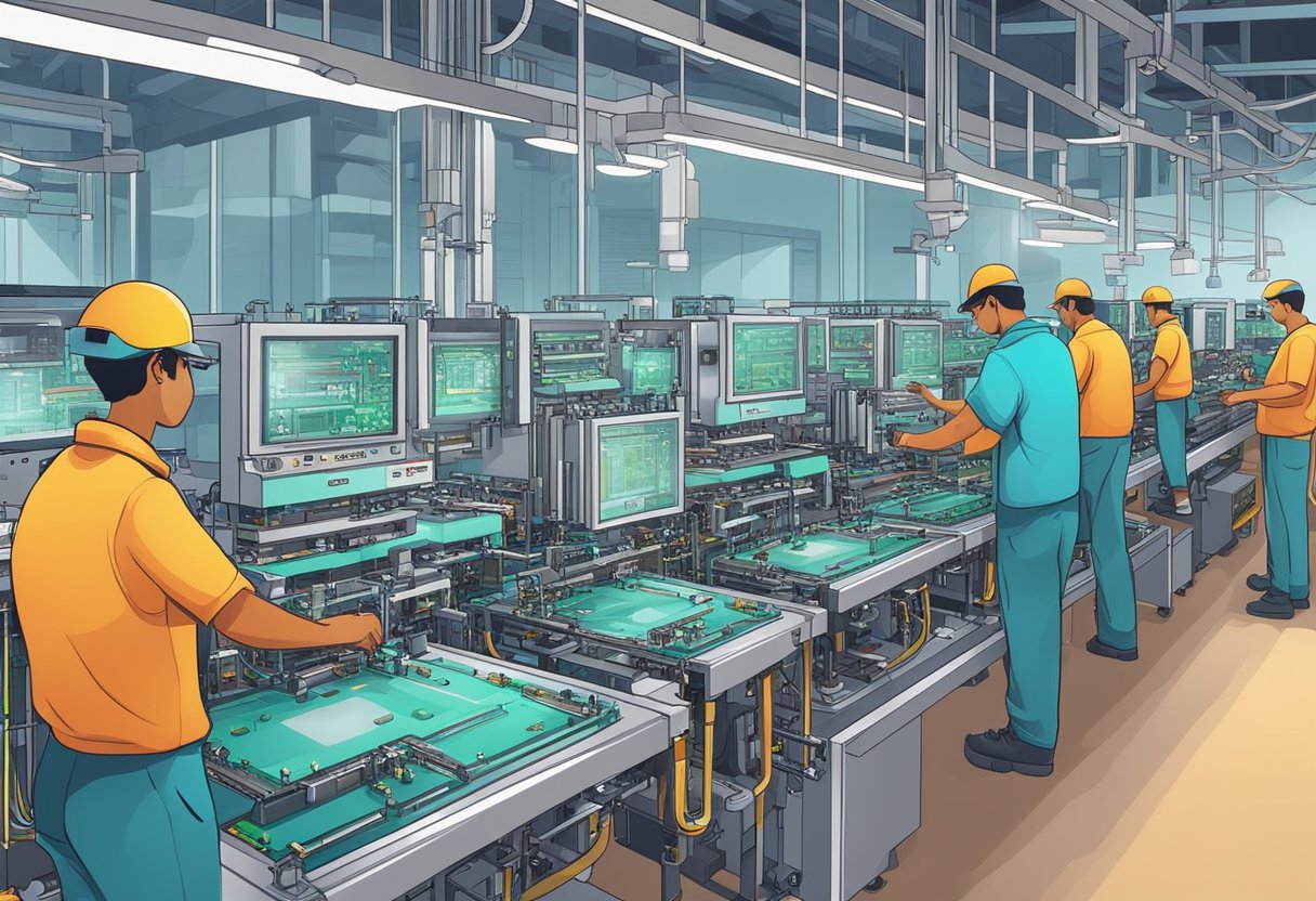 PCB assembly machines in India. Various machines in a production line. Vibrant colors and intricate parts