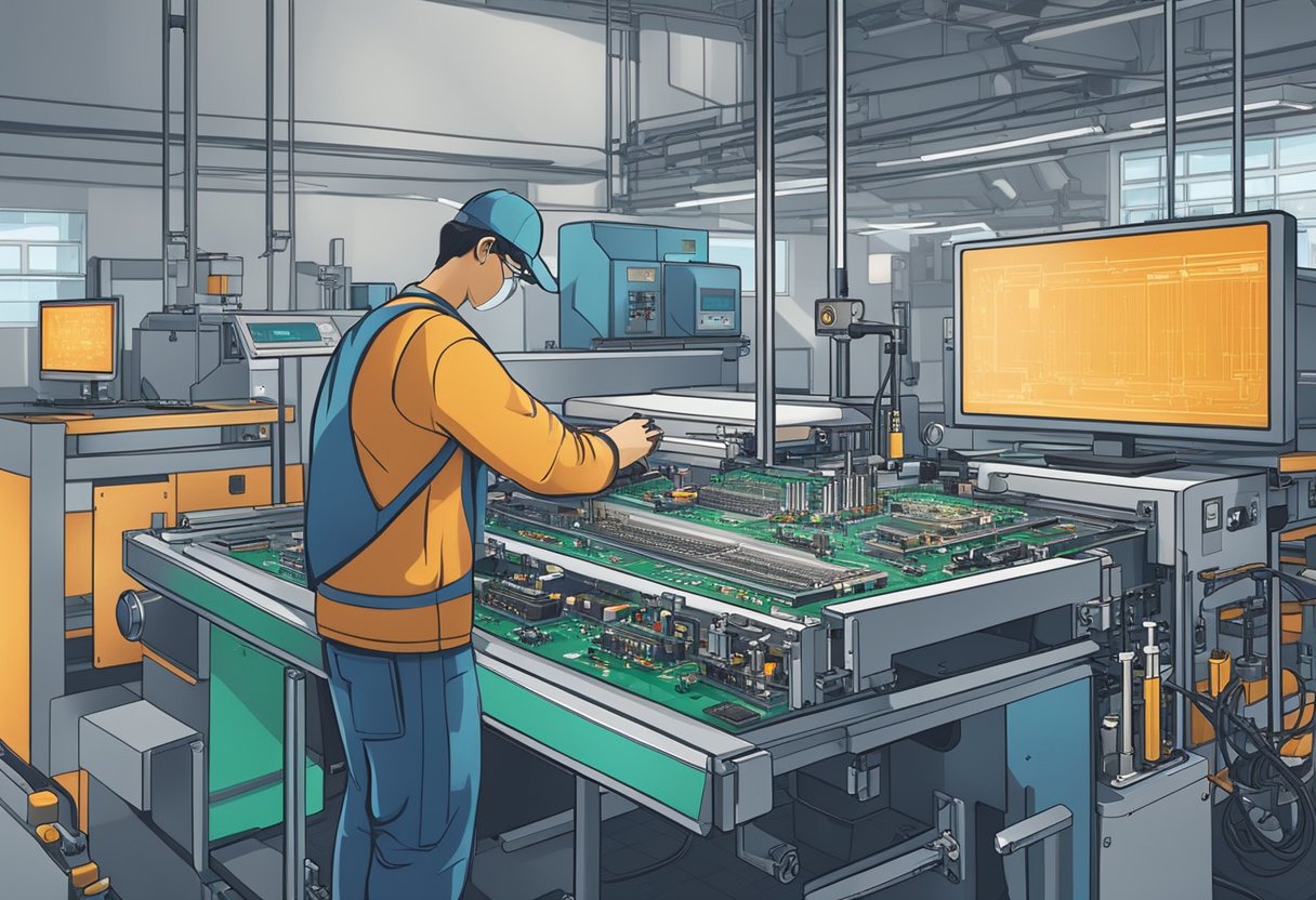 The PCB assembly machine sits in a well-lit factory, surrounded by various components and tools. A technician adjusts settings on the control panel, while the machine works diligently to assemble printed circuit boards