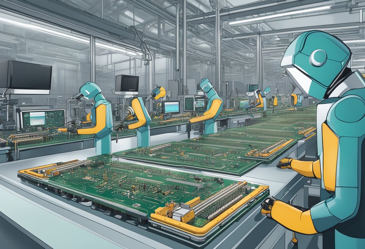 A modern PCB assembly line with robotic arms soldering components onto circuit boards in a high-tech facility in Belgium