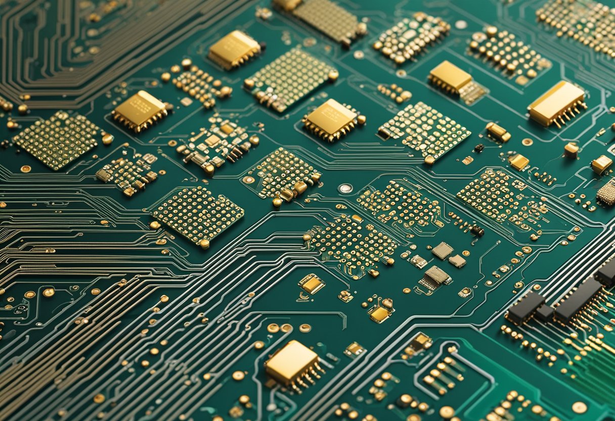 Circuit boards arranged for inspection. Soldered components and traces visible