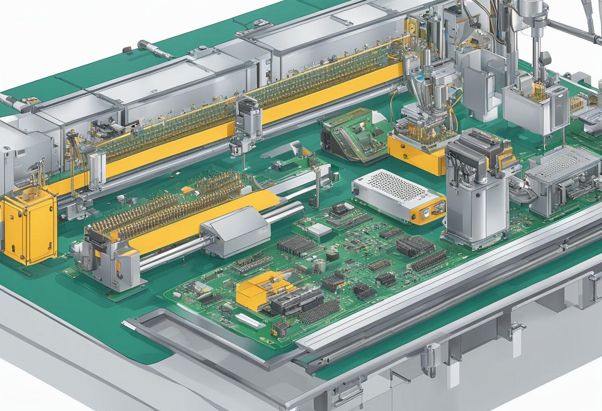 Components being placed onto a printed circuit board (PCB) by automated machinery, with soldering and inspection stations nearby