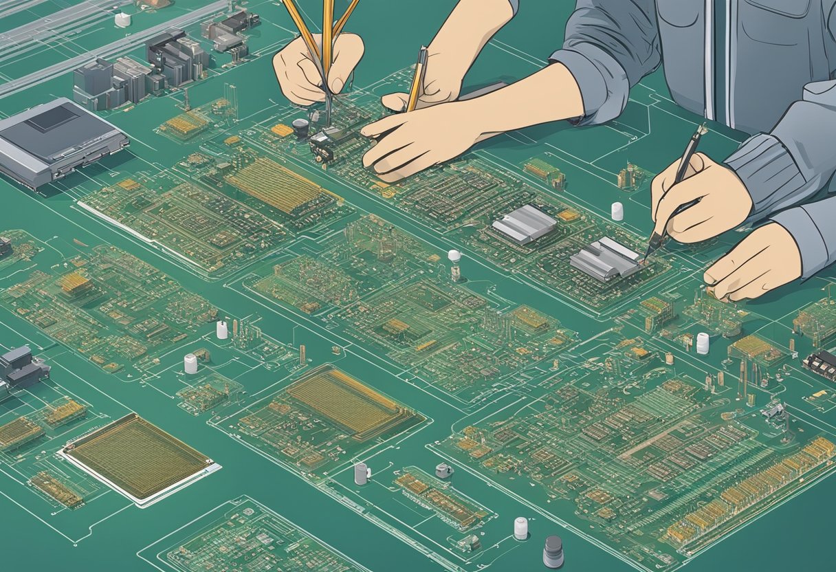 A PCB assembly review is being conducted, with engineers examining the design for manufacturability considerations. Various components and tools are laid out on the table for analysis