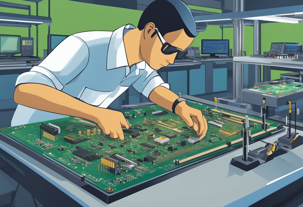 PCB assembly equipment aligns and solders components onto a printed circuit board, under the watchful eye of quality control