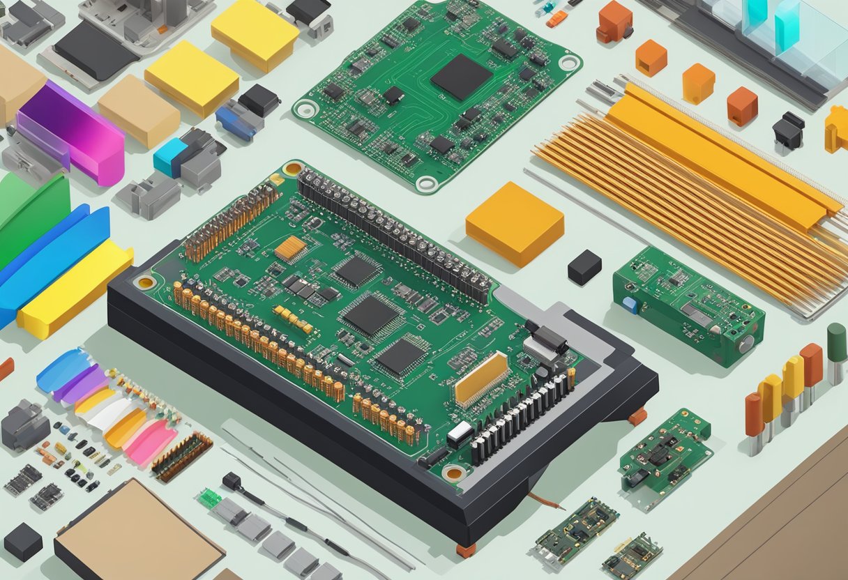 A table with various materials and PCB components laid out for assembly