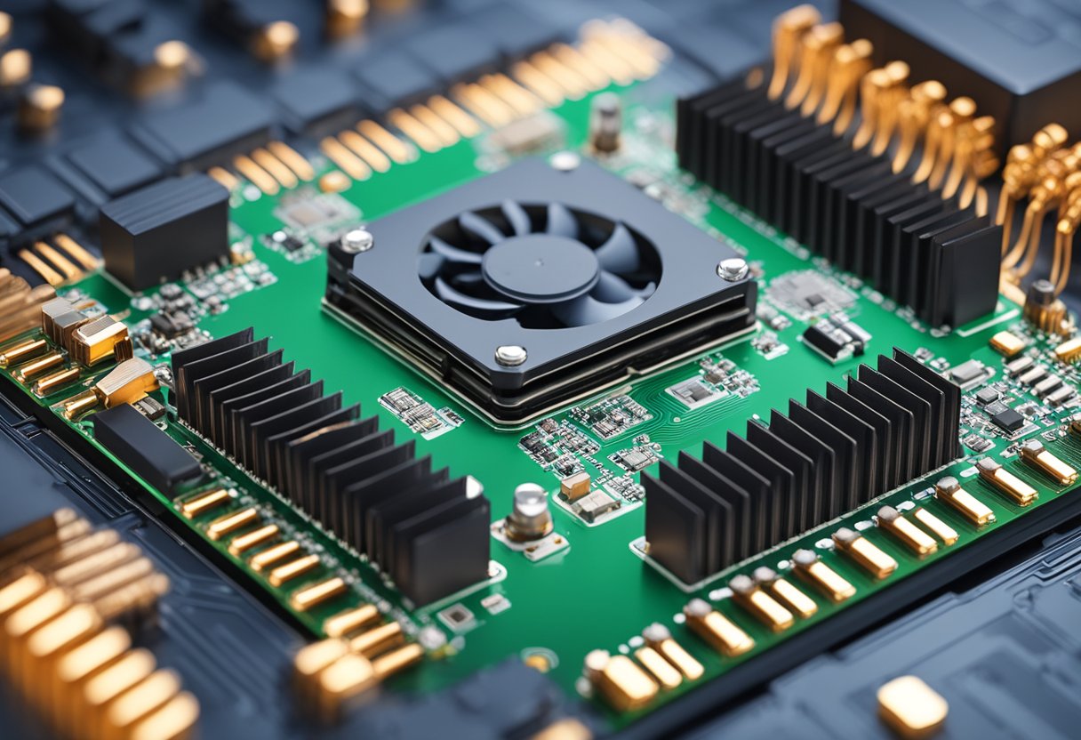 A circuit board with strategically placed heat sinks and fans to manage thermal issues