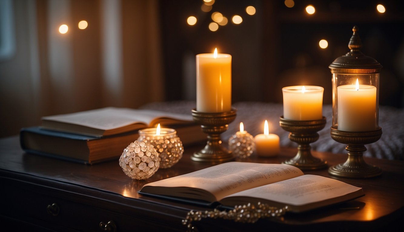 A serene, candlelit room with a table adorned with crystals and a journal for writing intentions. A soft glow illuminates the space, creating a sense of peace and abundance