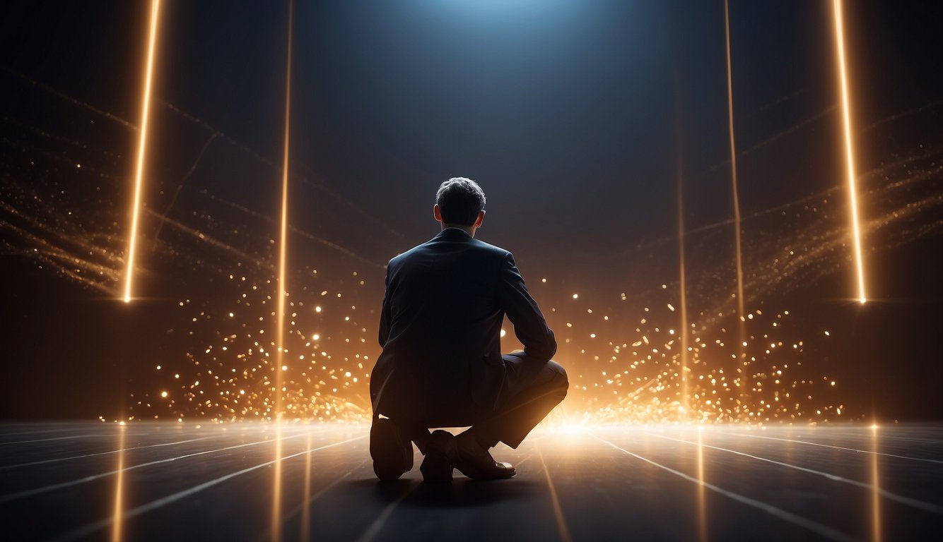 A person kneeling with a thoughtful expression, surrounded by symbols of career success and wealth, with a beam of light shining down from above