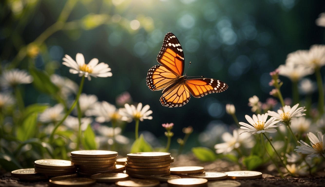 A serene garden with a beam of light shining down on a pile of coins, surrounded by blooming flowers and fluttering butterflies