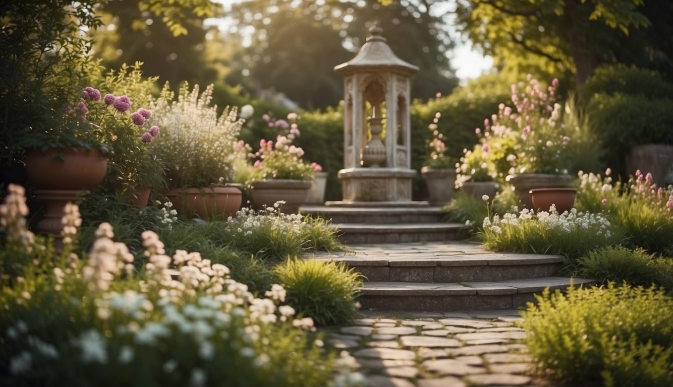 A serene garden with a small altar surrounded by blooming flowers and a peaceful atmosphere, symbolizing personal and spiritual growth