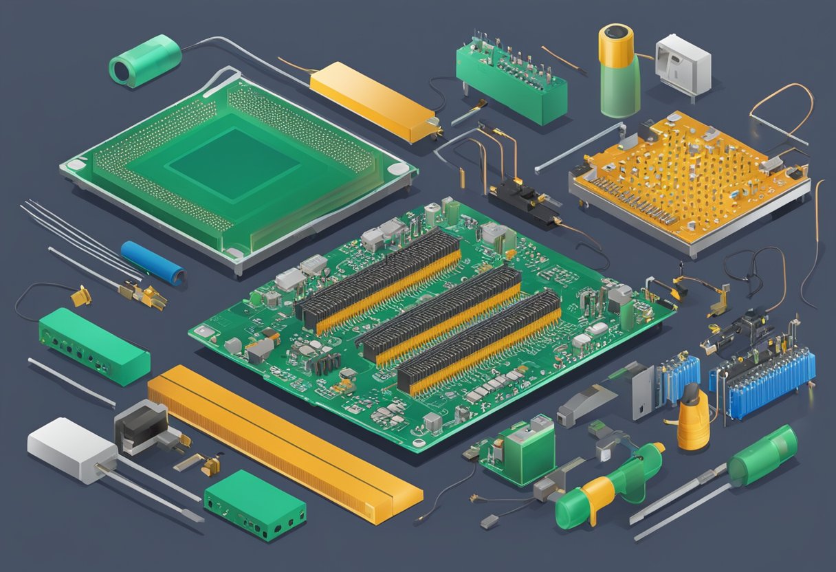 A circuit board being tested with various methods and equipment for PCB assembly