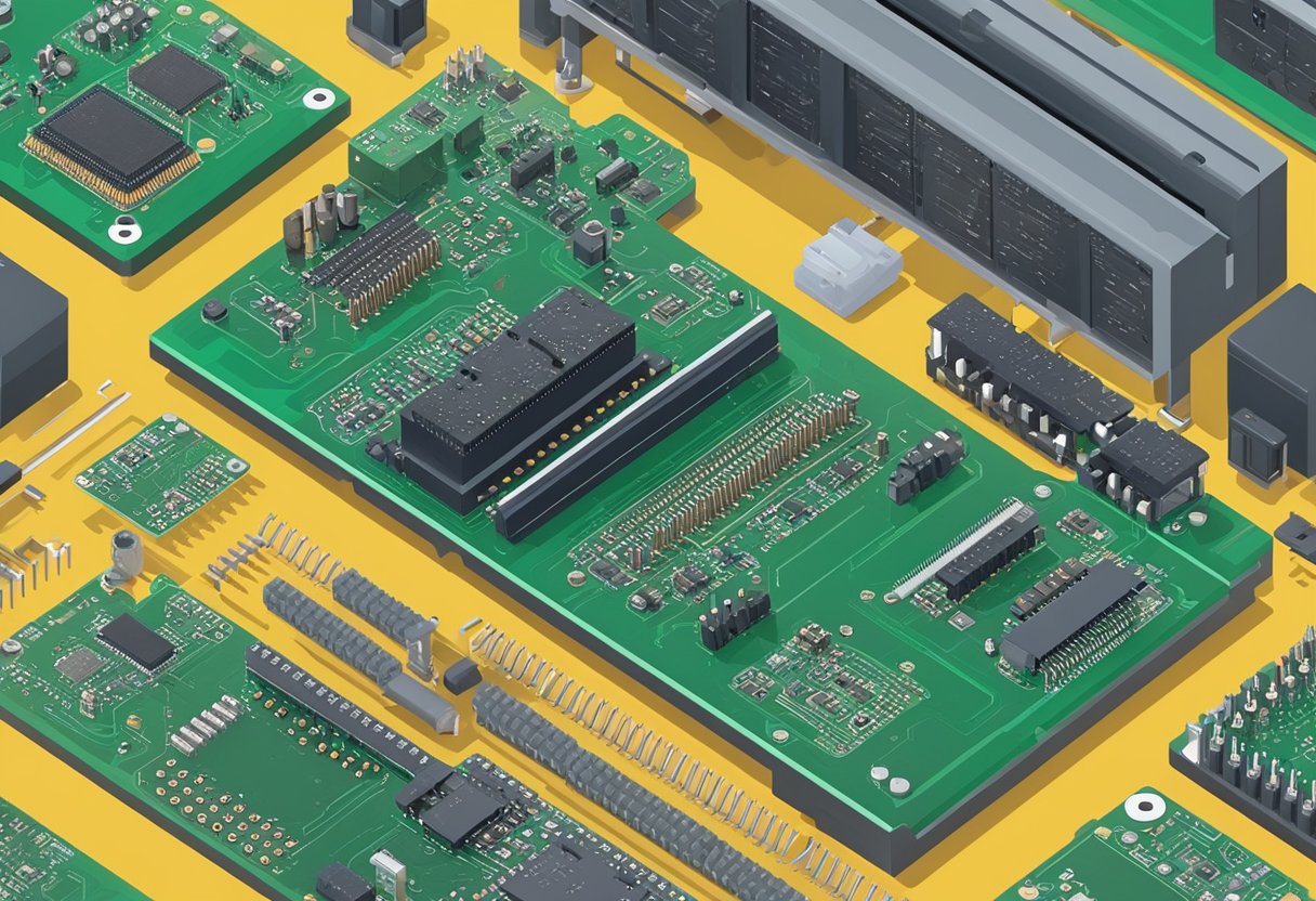 An array of PCBs arranged on a testing bench with various equipment and tools for assembly testing