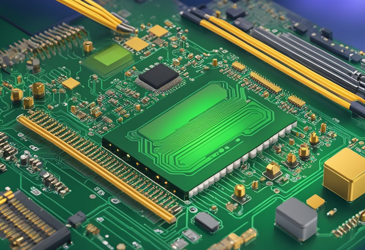 A printed circuit board (PCB) is being tested using In-Circuit Testing (ICT) methods, with various electronic components and testing probes connected to the board