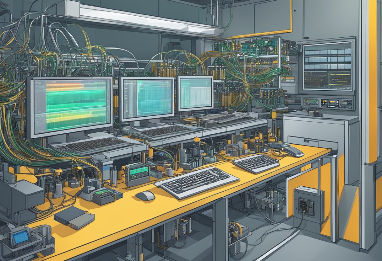 A PCB assembly being tested with automated equipment, cables connected, lights flashing, and data being analyzed for functionality