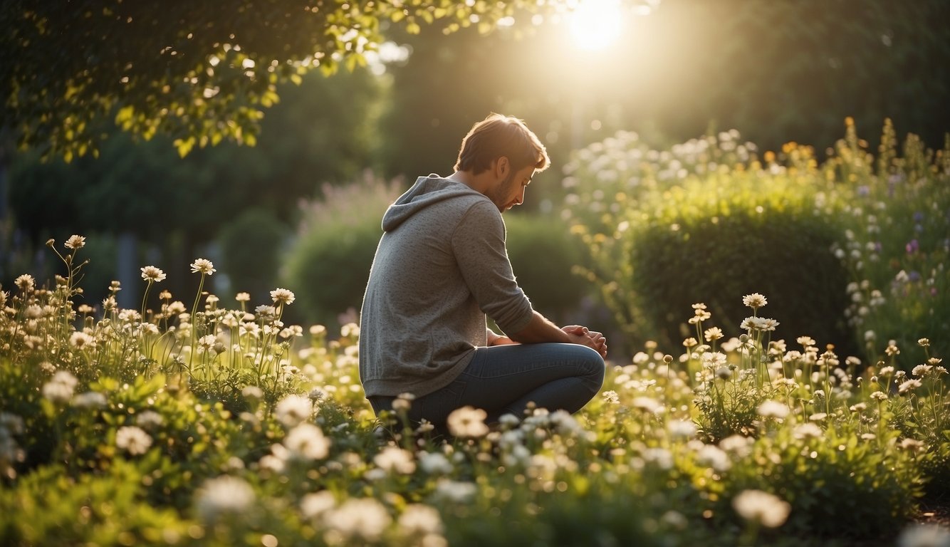 A serene garden with a figure kneeling in prayer, surrounded by blooming flowers and a shining sun