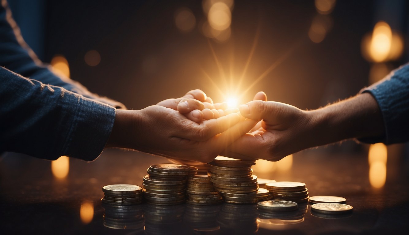 A stack of bills and coins surrounded by a glowing aura, with hands clasped in prayer nearby