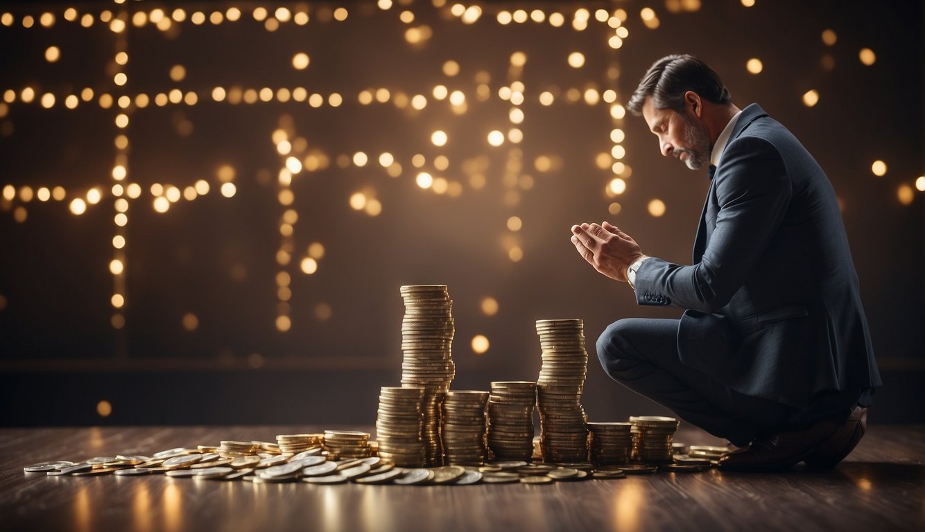 A man kneeling in prayer with a stack of money appearing in front of him as a symbol of financial abundance