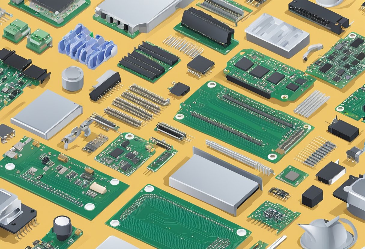 Components and materials arranged for PCB assembly. Soldering equipment, PCBs, and electronic components laid out on a workbench