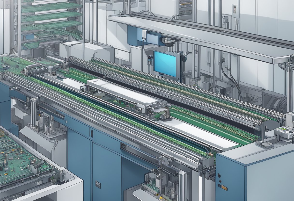 A conveyor belt moves bare PCBs through a series of machines for soldering, component placement, and inspection