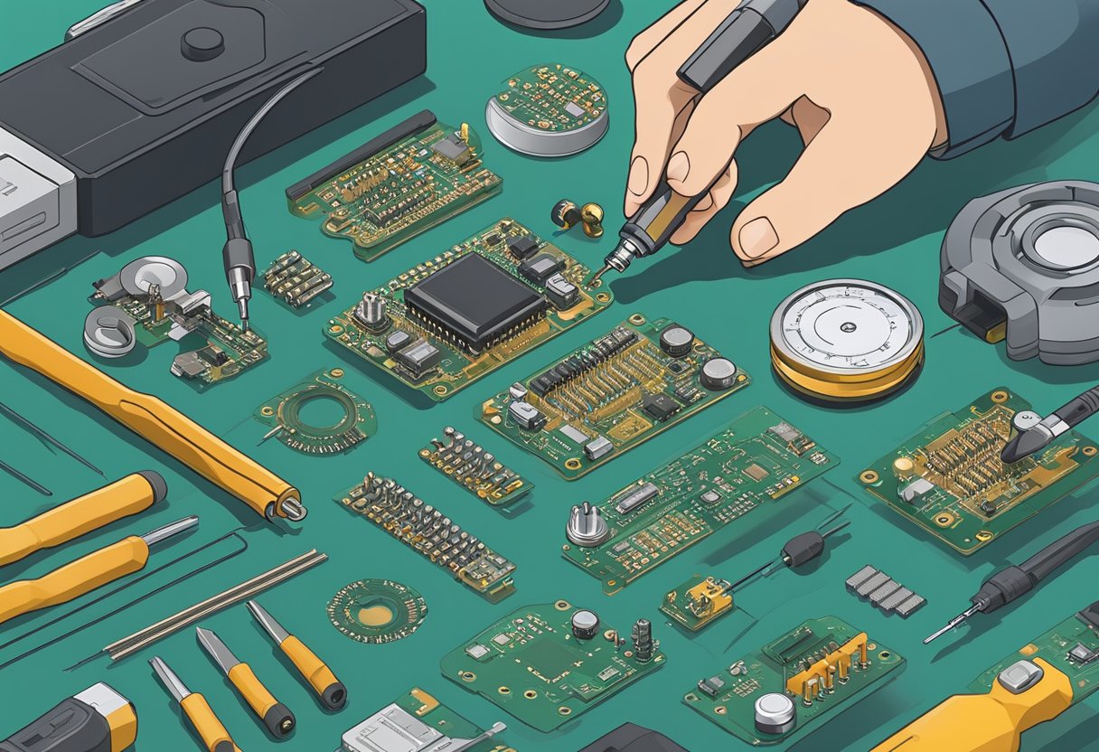 Components laid out, soldering iron heating, PCBs aligned, inspection tools ready, checklist in hand