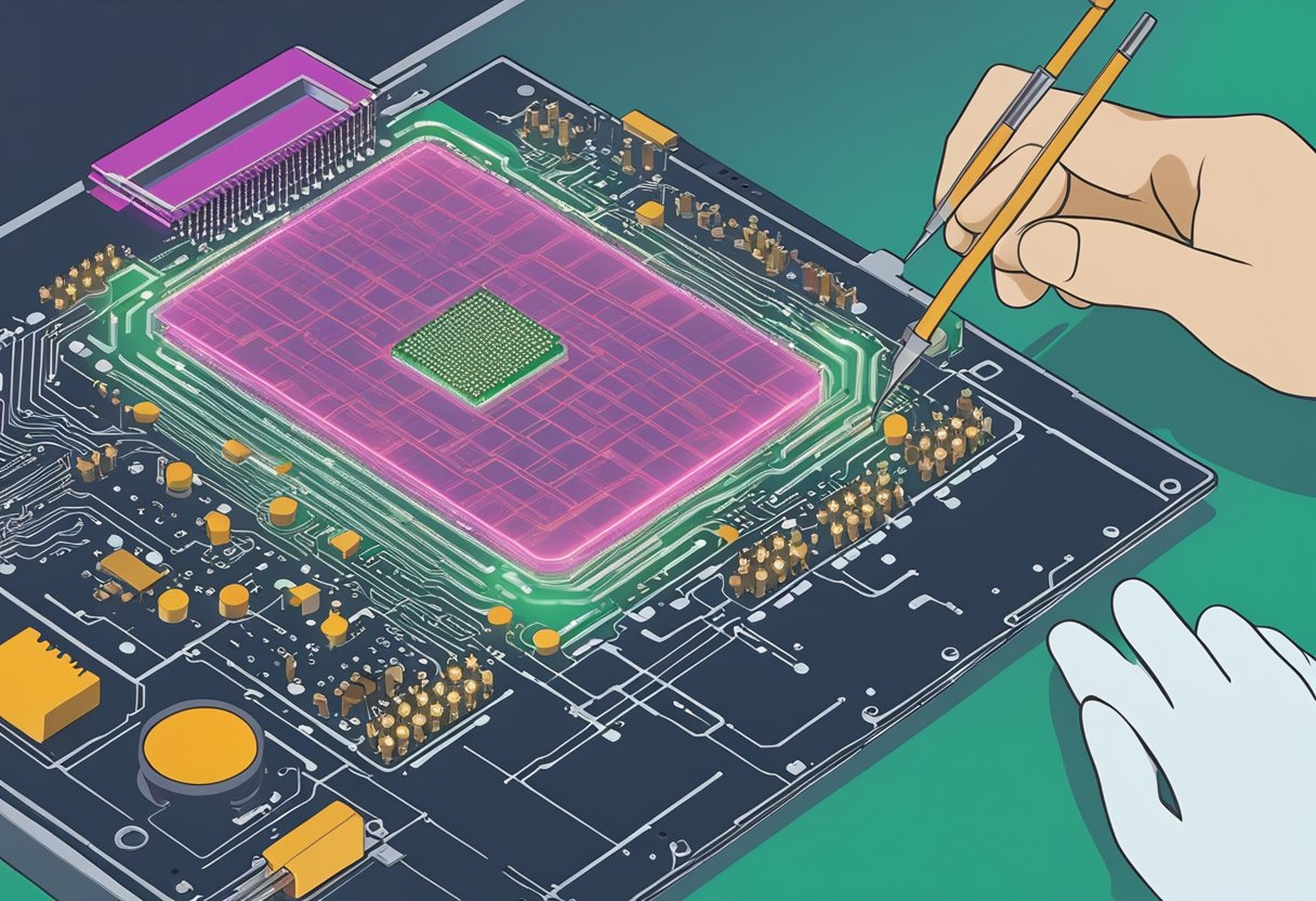 A gloved hand applies solder paste to a printed circuit board using a stencil, ensuring even coverage for surface mount component placement