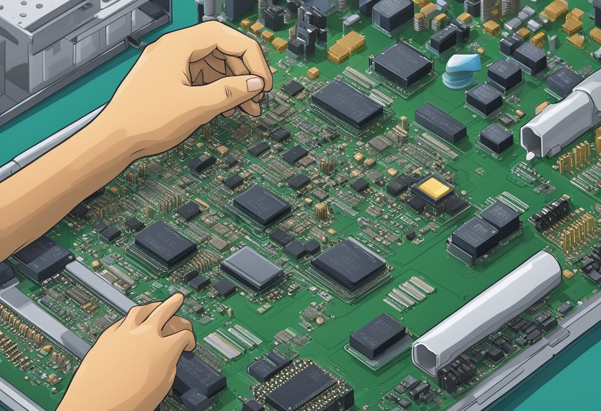 Multiple electronic components being assembled onto a printed circuit board in a factory setting in Thailand