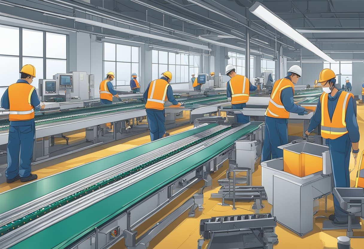 Multiple workers assembling PCBs on conveyor belts in a well-lit factory setting, with precision tools and machinery surrounding them