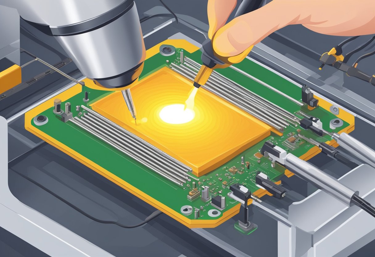 Soldering iron melts solder onto PCB. Pick and place machine positions components. Reflow oven heats board to set components