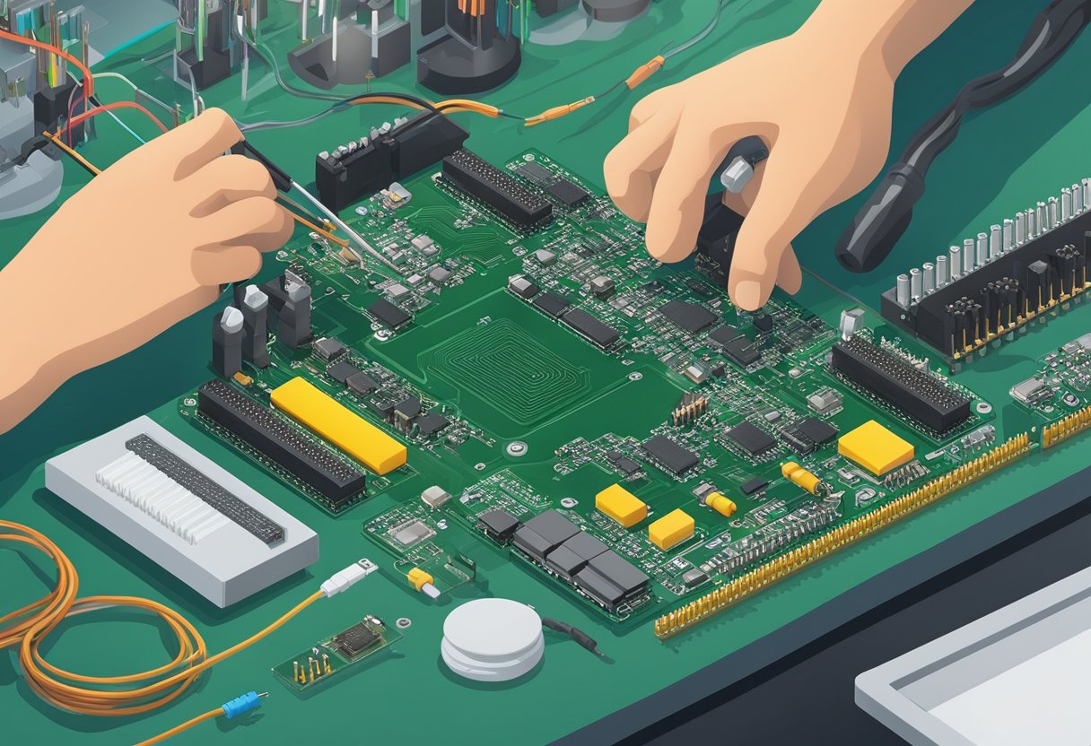 A circuit board with cables and connectors being assembled on a workbench