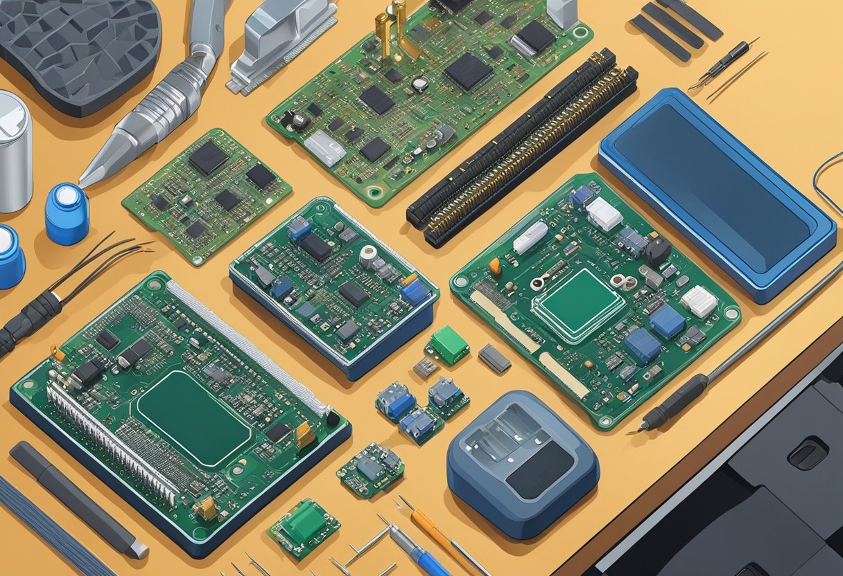 PCB components arranged on a workbench, cables neatly organized, soldering iron and tools nearby