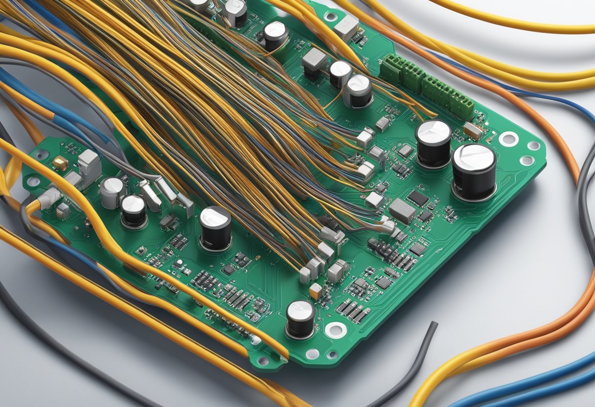 A circuit board with attached cables, neatly arranged and secured within an electronic device casing