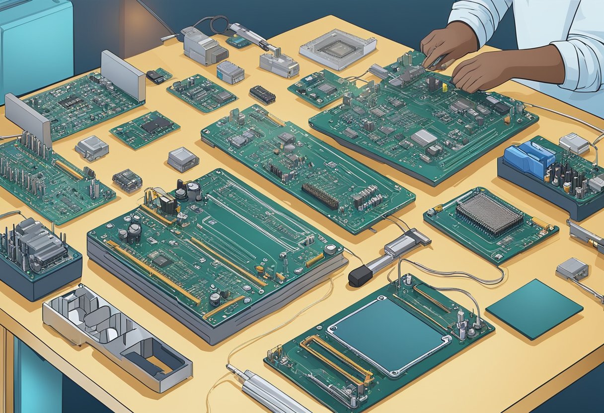 A technician assembles prototype PCBs with precision tools and equipment