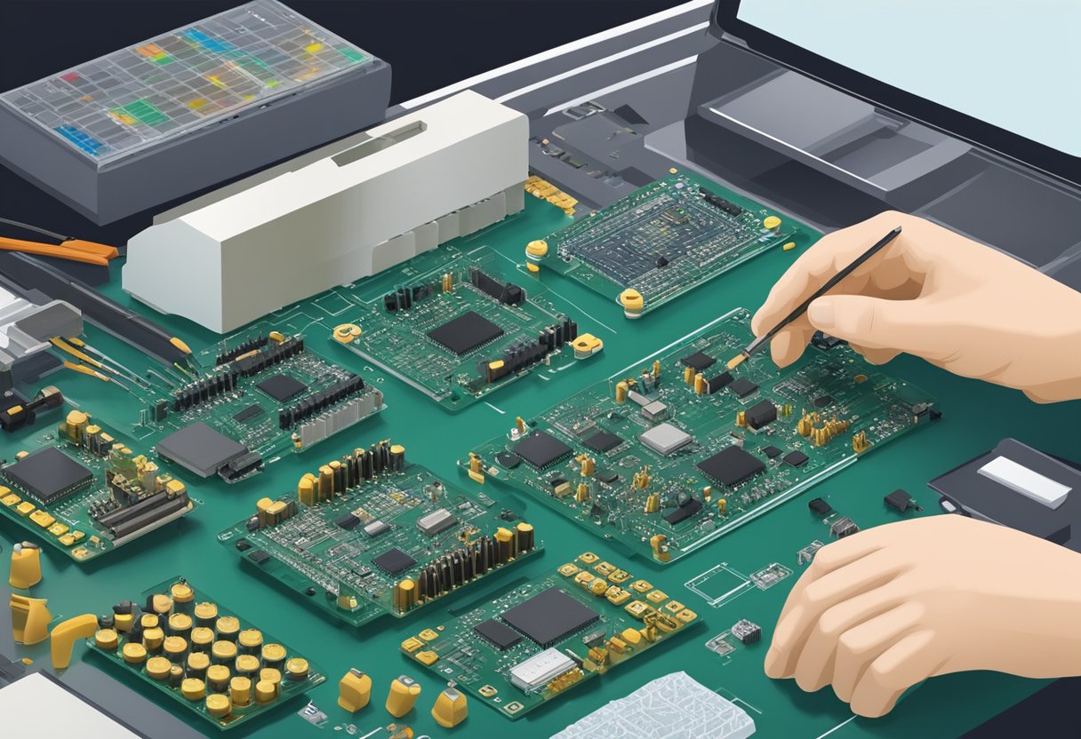 A technician assembles PCB components on a prototype board with precision tools and equipment