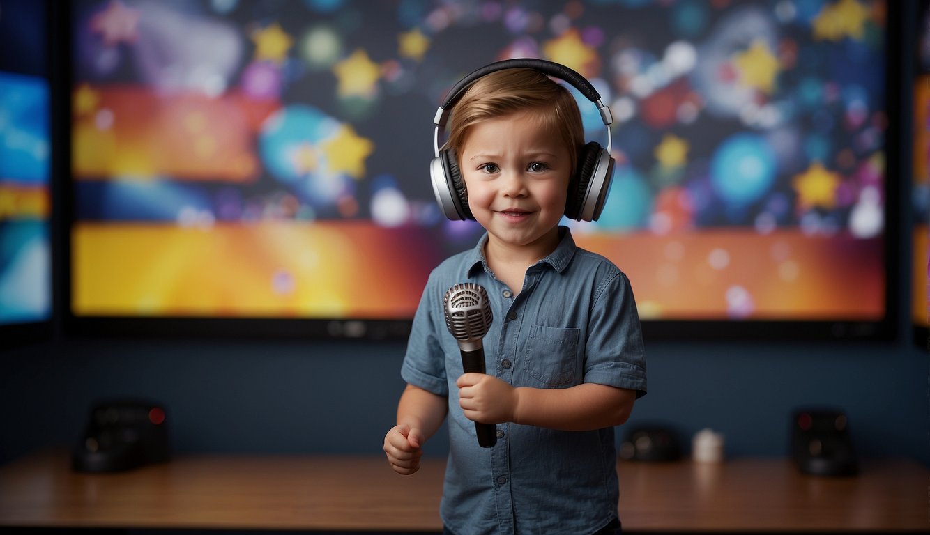 A child stands in front of a microphone, speaking animatedly with expressive gestures. A script and headphones are nearby. The studio is filled with colorful anime posters and soundproofing panels