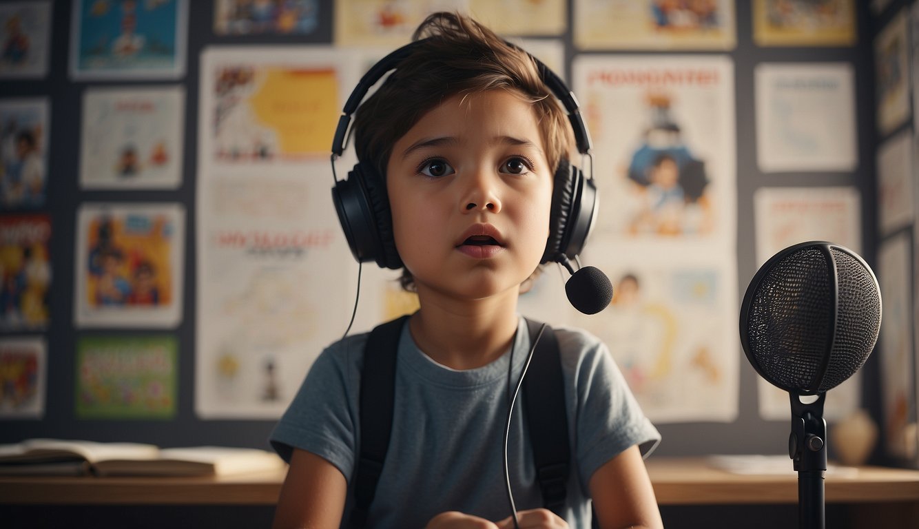 A young child practices voice acting in front of a microphone, surrounded by anime posters and script pages. They listen intently to their own voice and make adjustments
