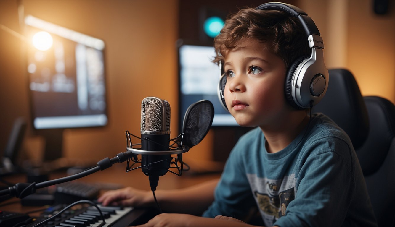 A child records anime voice lines in a professional studio with a microphone and headphones, guided by a director