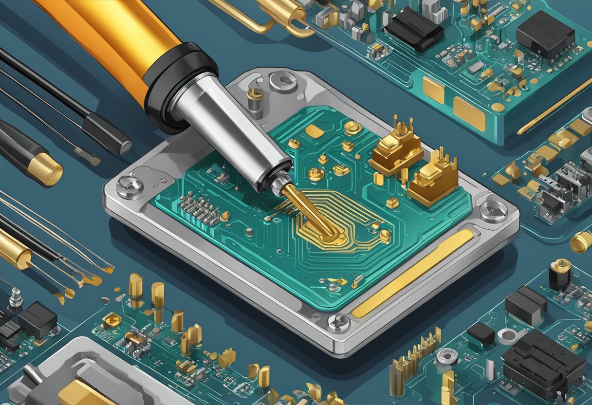 Soldering iron melts metal onto PCB top for assembly