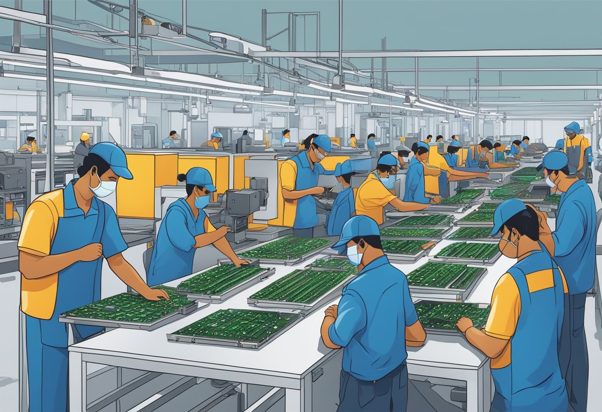 Multiple machines and workers assembling PCBs in a Chennai factory