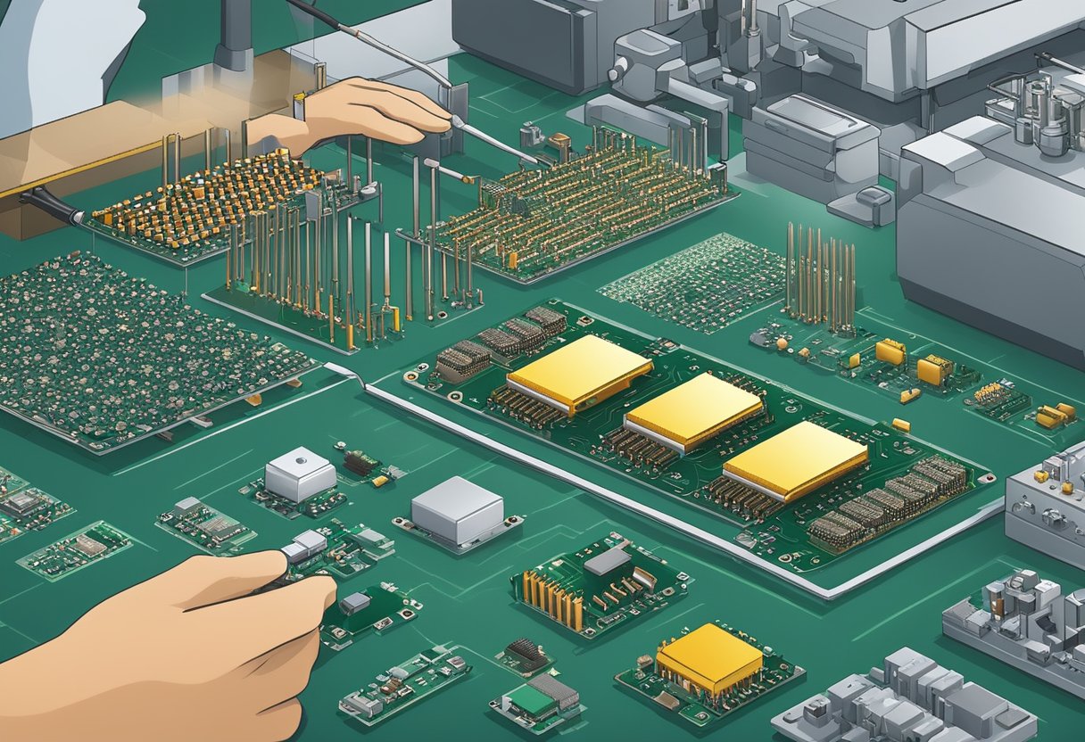 An array of electronic components being assembled onto a printed circuit board in a manufacturing facility in Chennai