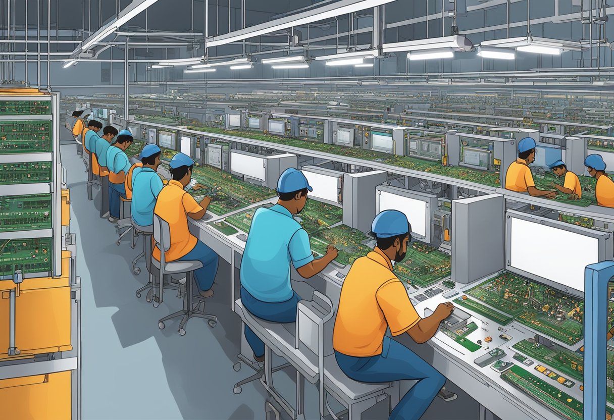 A bustling factory floor with workers assembling printed circuit boards in Chennai. Machines hum as components are carefully placed and soldered