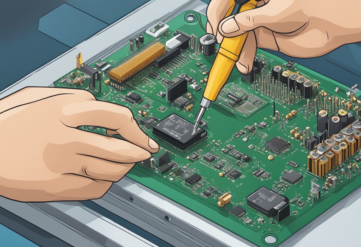 A technician soldering components onto a printed circuit board using precision tools in a clean and organized manufacturing facility