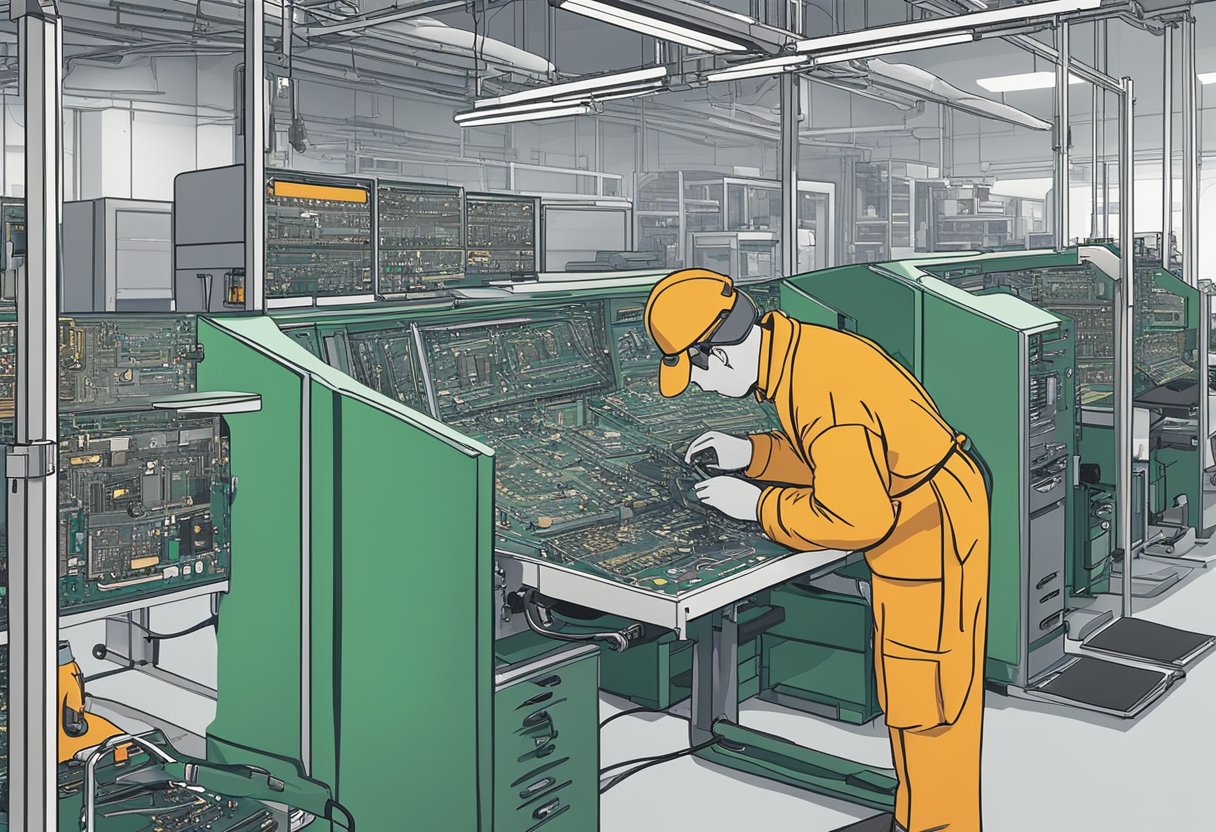 A technician soldering components onto a printed circuit board at a workstation in a clean and organized assembly facility in Montreal