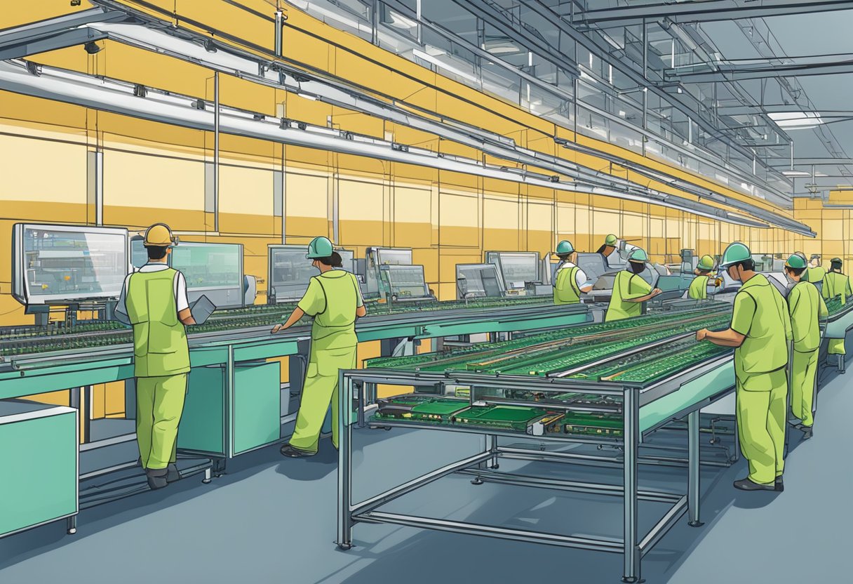 A PCB assembly line with workers following industry standards